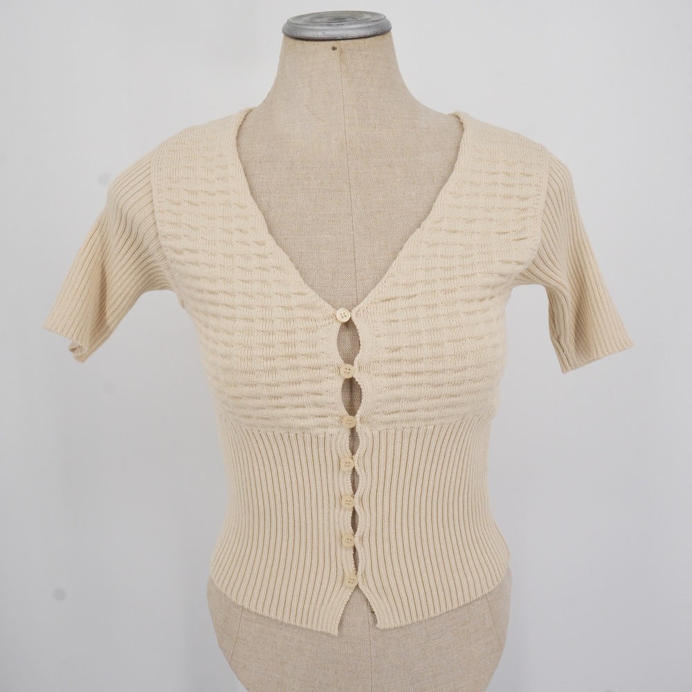 et clet Cardigan Women S Beige Textured Knit Short Sleeve V-Neck Button Front